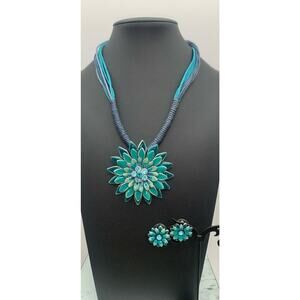 Blue Turquoise Enamel & Rhinestone Pendant Cord Necklace & Matching Earrings